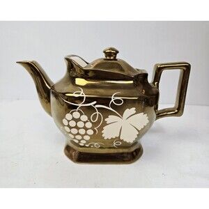 Vintage Gray's Pottery Teapot Gold Luster Grape and Vine England Hand Painted